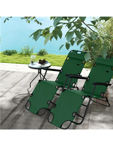 Outsunny 2 Pack 2 in 1 Sun Lounger Folding Reclining Chairs Garden Outdoor Camping Adjustable Back with Pillow, Green
