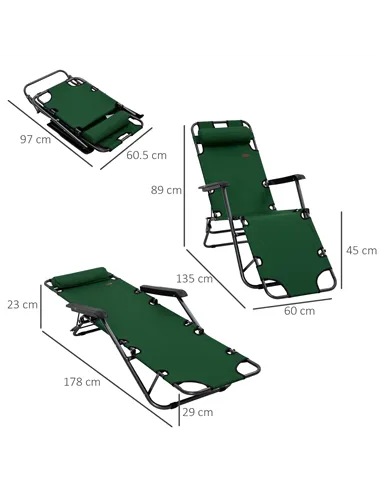 Outsunny 2 Pack 2 in 1 Sun Lounger Folding Reclining Chairs Garden Outdoor Camping Adjustable Back with Pillow, Green