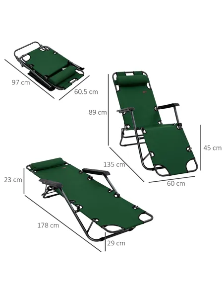 Outsunny 2 Pack 2 in 1 Sun Lounger Folding Reclining Chairs Garden Outdoor Camping Adjustable Back with Pillow, Green