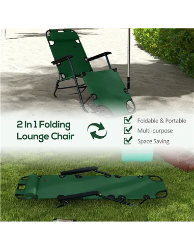 Outsunny 2 Pack 2 in 1 Sun Lounger Folding Reclining Chairs Garden Outdoor Camping Adjustable Back with Pillow, Green