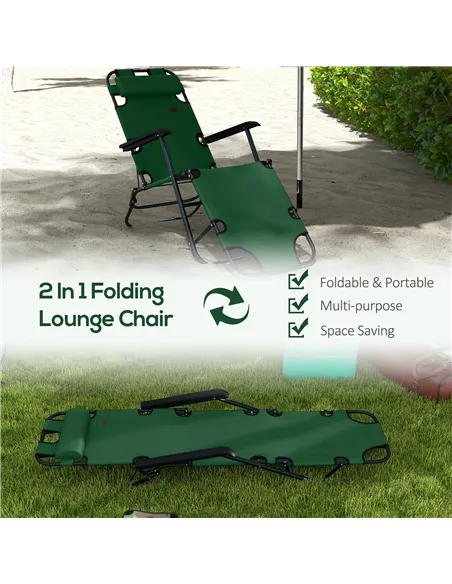 Outsunny 2 Pack 2 in 1 Sun Lounger Folding Reclining Chairs Garden Outdoor Camping Adjustable Back with Pillow, Green