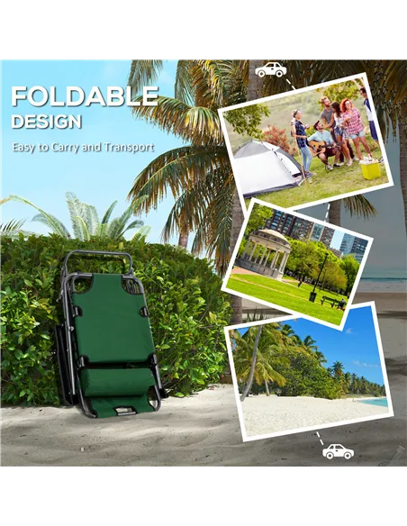Outsunny 2 Pack 2 in 1 Sun Lounger Folding Reclining Chairs Garden Outdoor Camping Adjustable Back with Pillow, Green