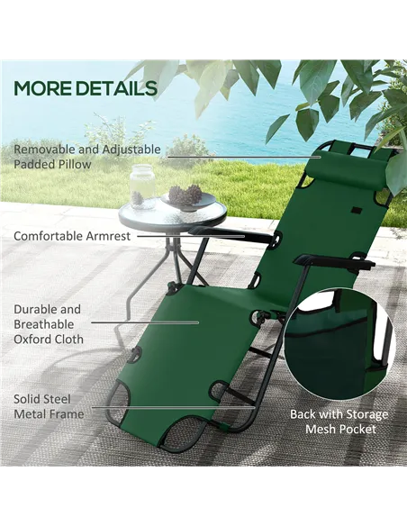 Outsunny 2 Pack 2 in 1 Sun Lounger Folding Reclining Chairs Garden Outdoor Camping Adjustable Back with Pillow, Green