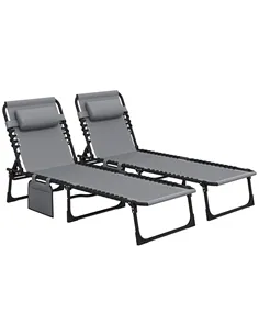 Outsunny Portable Sun Lounger Set of 2, Folding Camping Bed Cot, Reclining Lounge Chair 5-position Adjustable Backrest with Side
