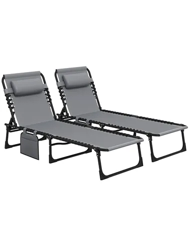 Outsunny Portable Sun Lounger Set of 2, Folding Camping Bed Cot, Reclining Lounge Chair 5-position Adjustable Backrest with Side