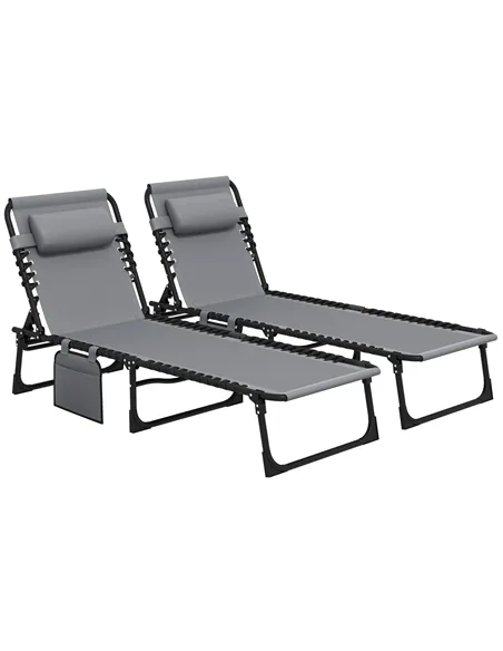 Outsunny Portable Sun Lounger Set of 2, Folding Camping Bed Cot, Reclining Lounge Chair 5-position Adjustable Backrest with Side