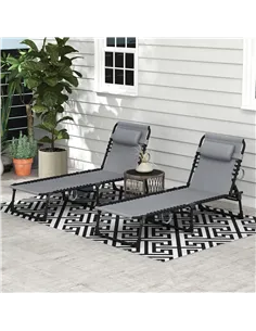 Outsunny Portable Sun Lounger Set of 2, Folding Camping Bed Cot, Reclining Lounge Chair 5-position Adjustable Backrest with Side 2