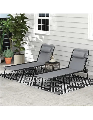 Outsunny Portable Sun Lounger Set of 2, Folding Camping Bed Cot, Reclining Lounge Chair 5-position Adjustable Backrest with Side