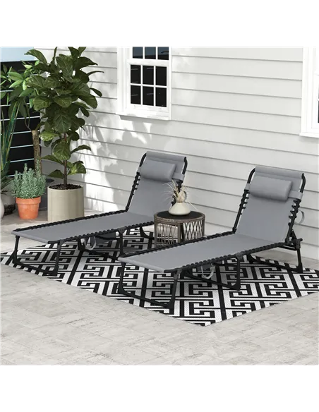 Outsunny Portable Sun Lounger Set of 2, Folding Camping Bed Cot, Reclining Lounge Chair 5-position Adjustable Backrest with Side