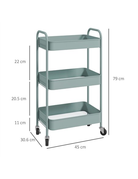 HOMCOM Three-Tier Steel Storage Trolley - Light Blue
