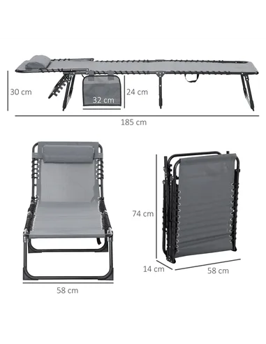 Outsunny Portable Sun Lounger Set of 2, Folding Camping Bed Cot, Reclining Lounge Chair 5-position Adjustable Backrest with Side
