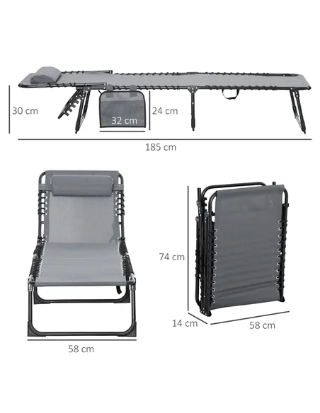 Outsunny Portable Sun Lounger Set of 2, Folding Camping Bed Cot, Reclining Lounge Chair 5-position Adjustable Backrest with Side