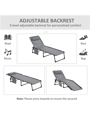 Outsunny Portable Sun Lounger Set of 2, Folding Camping Bed Cot, Reclining Lounge Chair 5-position Adjustable Backrest with Side