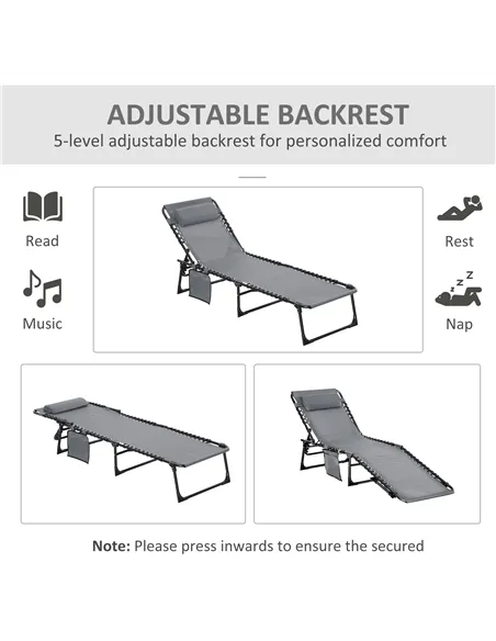 Outsunny Portable Sun Lounger Set of 2, Folding Camping Bed Cot, Reclining Lounge Chair 5-position Adjustable Backrest with Side