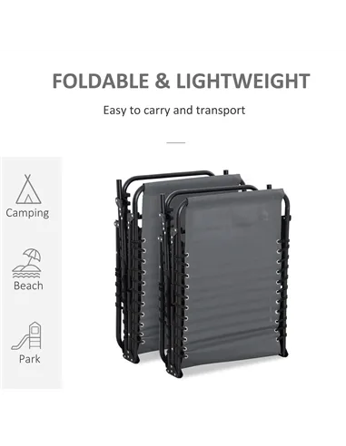 Outsunny Portable Sun Lounger Set of 2, Folding Camping Bed Cot, Reclining Lounge Chair 5-position Adjustable Backrest with Side