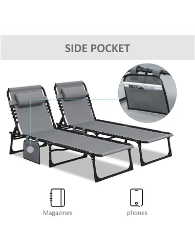 Outsunny Portable Sun Lounger Set of 2, Folding Camping Bed Cot, Reclining Lounge Chair 5-position Adjustable Backrest with Side