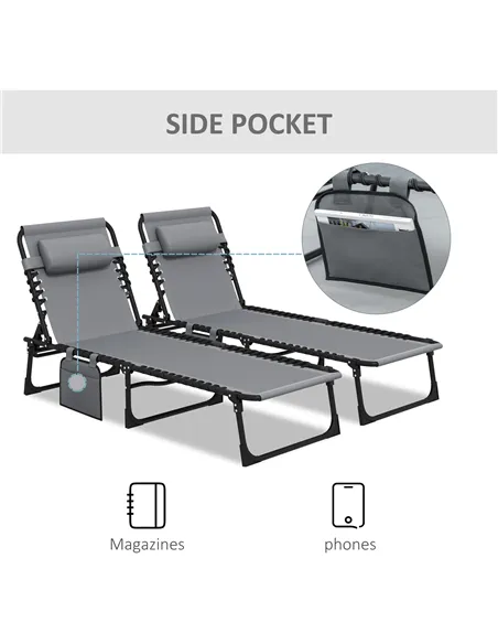 Outsunny Portable Sun Lounger Set of 2, Folding Camping Bed Cot, Reclining Lounge Chair 5-position Adjustable Backrest with Side