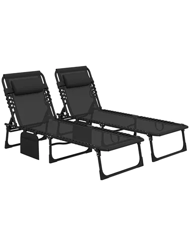 Outsunny Portable Sun Lounger Set of 2, Folding Camping Bed Cot, Reclining Lounge Chair 5-position Adjustable Backrest with Side