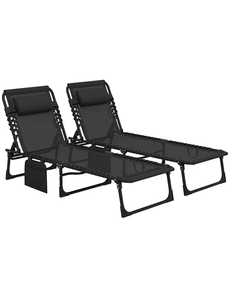 Outsunny Portable Sun Lounger Set of 2, Folding Camping Bed Cot, Reclining Lounge Chair 5-position Adjustable Backrest with Side
