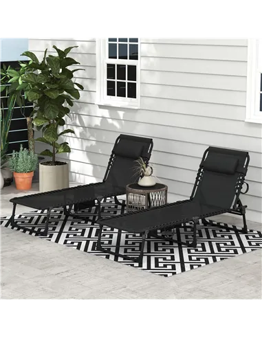 Outsunny Portable Sun Lounger Set of 2, Folding Camping Bed Cot, Reclining Lounge Chair 5-position Adjustable Backrest with Side