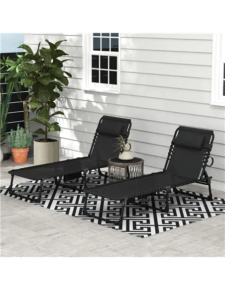 Outsunny Portable Sun Lounger Set of 2, Folding Camping Bed Cot, Reclining Lounge Chair 5-position Adjustable Backrest with Side