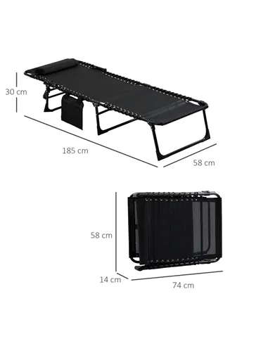 Outsunny Portable Sun Lounger Set of 2, Folding Camping Bed Cot, Reclining Lounge Chair 5-position Adjustable Backrest with Side