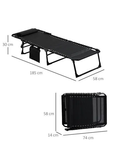 Outsunny Portable Sun Lounger Set of 2, Folding Camping Bed Cot, Reclining Lounge Chair 5-position Adjustable Backrest with Side