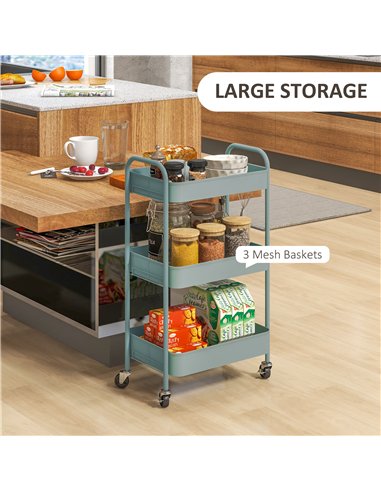 HOMCOM Three-Tier Steel Storage Trolley - Light Blue