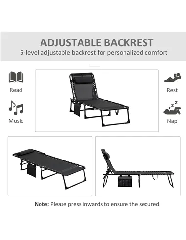 Outsunny Portable Sun Lounger Set of 2, Folding Camping Bed Cot, Reclining Lounge Chair 5-position Adjustable Backrest with Side