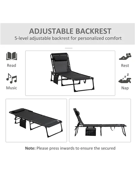 Outsunny Portable Sun Lounger Set of 2, Folding Camping Bed Cot, Reclining Lounge Chair 5-position Adjustable Backrest with Side