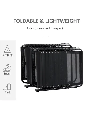 Outsunny Portable Sun Lounger Set of 2, Folding Camping Bed Cot, Reclining Lounge Chair 5-position Adjustable Backrest with Side