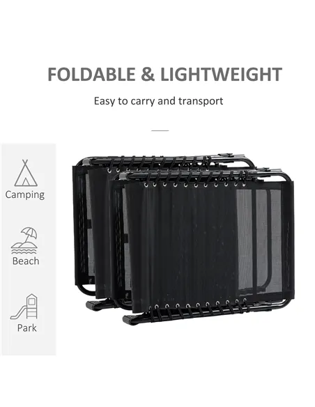 Outsunny Portable Sun Lounger Set of 2, Folding Camping Bed Cot, Reclining Lounge Chair 5-position Adjustable Backrest with Side