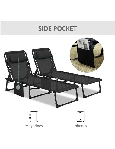 Outsunny Portable Sun Lounger Set of 2, Folding Camping Bed Cot, Reclining Lounge Chair 5-position Adjustable Backrest with Side