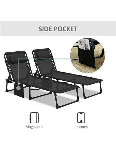 Outsunny Portable Sun Lounger Set of 2, Folding Camping Bed Cot, Reclining Lounge Chair 5-position Adjustable Backrest with Side