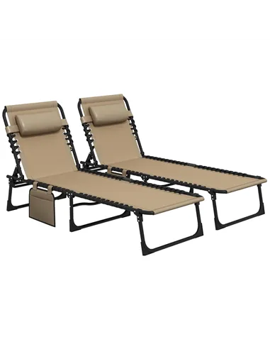 Outsunny Portable Sun Lounger Set of 2, Folding Camping Bed Cot, Reclining Lounge Chair 5-position Adjustable Backrest with Side