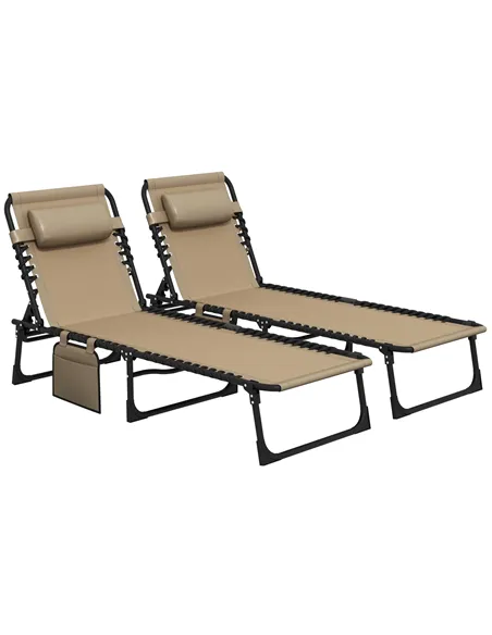 Outsunny Portable Sun Lounger Set of 2, Folding Camping Bed Cot, Reclining Lounge Chair 5-position Adjustable Backrest with Side