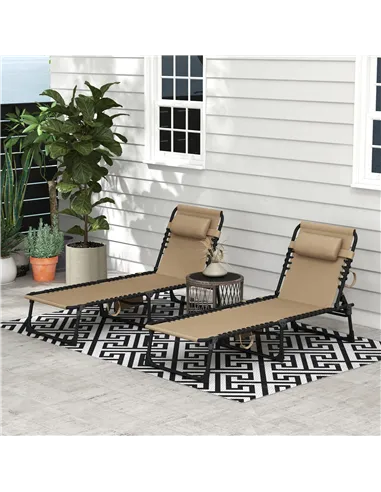 Outsunny Portable Sun Lounger Set of 2, Folding Camping Bed Cot, Reclining Lounge Chair 5-position Adjustable Backrest with Side