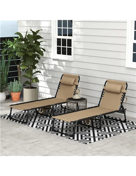 Outsunny Portable Sun Lounger Set of 2, Folding Camping Bed Cot, Reclining Lounge Chair 5-position Adjustable Backrest with Side