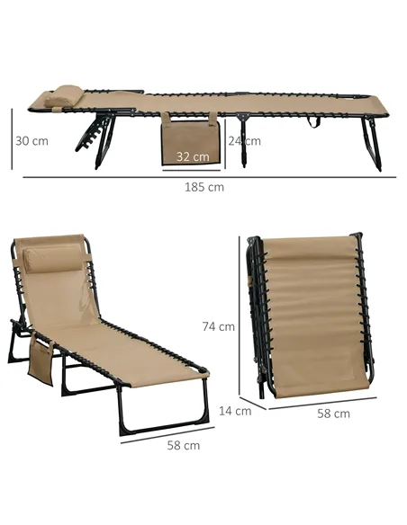 Outsunny Portable Sun Lounger Set of 2, Folding Camping Bed Cot, Reclining Lounge Chair 5-position Adjustable Backrest with Side