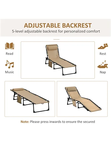 Outsunny Portable Sun Lounger Set of 2, Folding Camping Bed Cot, Reclining Lounge Chair 5-position Adjustable Backrest with Side