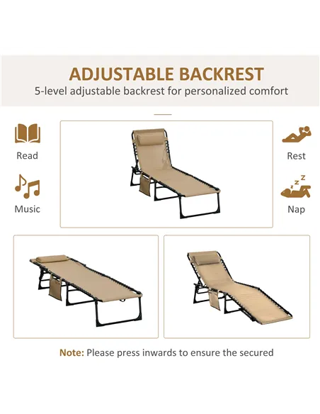 Outsunny Portable Sun Lounger Set of 2, Folding Camping Bed Cot, Reclining Lounge Chair 5-position Adjustable Backrest with Side