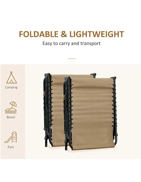 Outsunny Portable Sun Lounger Set of 2, Folding Camping Bed Cot, Reclining Lounge Chair 5-position Adjustable Backrest with Side