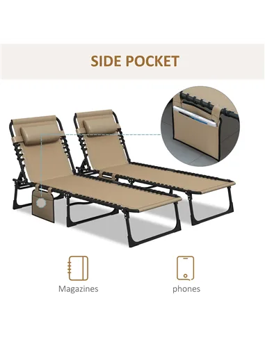 Outsunny Portable Sun Lounger Set of 2, Folding Camping Bed Cot, Reclining Lounge Chair 5-position Adjustable Backrest with Side