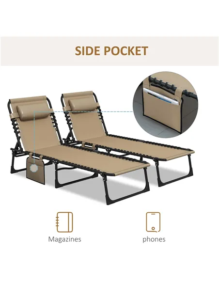 Outsunny Portable Sun Lounger Set of 2, Folding Camping Bed Cot, Reclining Lounge Chair 5-position Adjustable Backrest with Side