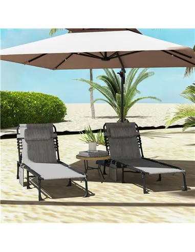 Outsunny Portable Sun Lounger Set of 2, Folding Camping Bed Cot, Reclining Lounge Chair 5-position Adjustable Backrest with Side