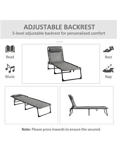 Outsunny Portable Sun Lounger Set of 2, Folding Camping Bed Cot, Reclining Lounge Chair 5-position Adjustable Backrest with Side