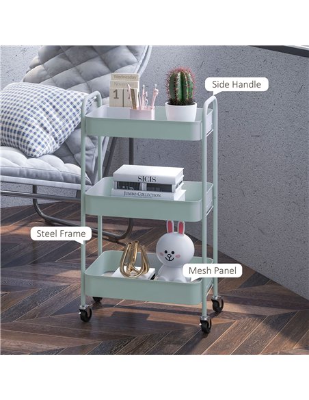 HOMCOM Three-Tier Steel Storage Trolley - Light Blue