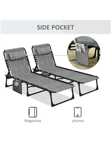Outsunny Portable Sun Lounger Set of 2, Folding Camping Bed Cot, Reclining Lounge Chair 5-position Adjustable Backrest with Side