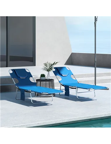 Outsunny Foldable Sun Lounger Set of 2 with Reading Hole, Portable Sun Lounger with 5 Level Adjustable Backrest, Reclining Loung