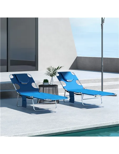 Outsunny Foldable Sun Lounger Set of 2 with Reading Hole, Portable Sun Lounger with 5 Level Adjustable Backrest, Reclining Loung